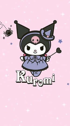 Kuromi 卡通貓穿著女巫服裝，在粉紅色背景上有蜘蛛和星星。 — 庫洛米 壁紙