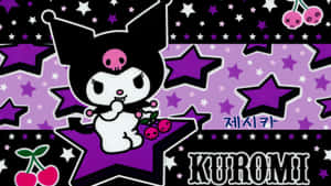Kuromi 卡通角色在星星背景上，帶有櫻桃骷髏和韓文文字。 — 黑川伊佐那 壁紙