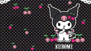 Kuromi卡通角色，黑色圓點背景上有櫻桃骷髏。 — 黑川伊佐那 壁紙