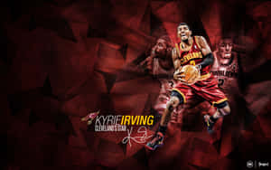 Kyrie Irving 身穿克里夫蘭騎士隊球衣，在幾何紅色背景中運球。 — 凱里·厄文 壁紙