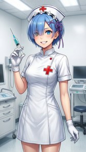 身穿白色制服的動漫護士在病房中手持注射器。