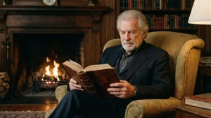 老人在圖書館的壁爐旁看書。