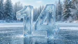 雪地冬日森林中的數字14冰雕。