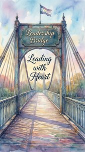 在日落天空下，帶有Leading with Heart文字的領導力之橋。