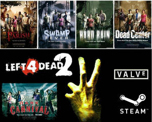 Left 4 Dead 2 遊戲海報，殭屍倖存者和發光的手在黑暗背景上。 — 電玩遊戲 GIF 壁紙