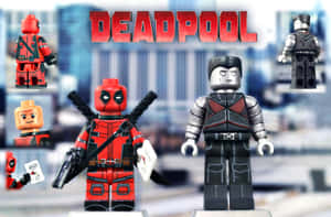 Lego Deadpool 和 Black Panther 人偶以城市背景和紅色標誌擺姿勢。 — 死侍 壁紙