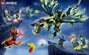 在 LEGO Ninjago 場景中，忍者在滿月下的懸崖上與巨型龍戰鬥。 — 樂高旋風忍者 壁紙