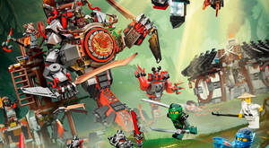 LEGO Ninjago 忍者們在叢林寺廟中與巨大的機械生物戰鬥。 — 樂高旋風忍者 壁紙