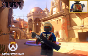 LEGO Overwatch 士兵76 在沙漠堡壘中手持步槍，背景有圓頂建築。 — 1280x800 壁紙
