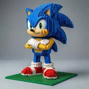 LEGO音速小子索尼克雕像，雙臂交叉在綠色底板上。