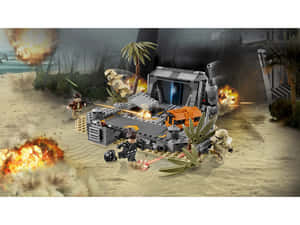 LEGO Star Wars 戰鬥，風暴兵和反抗軍在沙灘上發射爆能槍並伴有爆炸。 — 部落衝突：皇室戰爭 壁紙