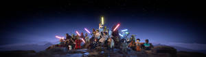 LEGO Star Wars 角色在山峰上，在星空下揮舞發光雷射劍。 — 32:9 壁紙