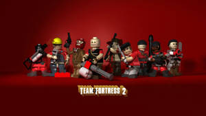 LEGO Team Fortress 2 角色在紅色背景前手持武器。 — 酷炫遊戲 壁紙