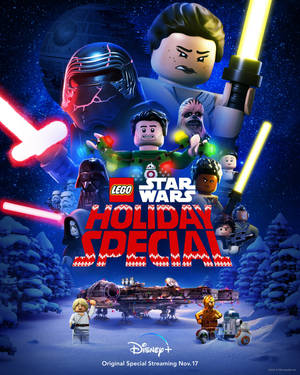 LEGO 星際大戰角色在雪地節日場景中，配有光劍和節日裝飾。 — 星際大戰聖誕節 壁紙