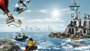 LEGO 警察救援場景，配有直升機船、鯊魚和城市天際線。 — 樂高 壁紙