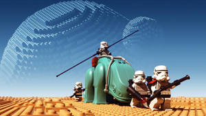 LEGO 風暴兵在巨大的 LEGO 死星下巡邏磚塊沙漠。 — 樂高旋風忍者 壁紙