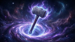 雷神之鎚妙爾尼爾被充滿活力的宇宙星雲和星星環繞。
