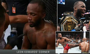 Leon Edwards 在UFC八角籠中手持冠軍腰帶慶祝勝利。 — 酷 壁紙