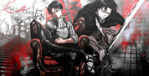 動漫角色 Levi Ackerman 與持劍人物坐在紅黑場景中。 — 進擊的巨人 角色 壁紙