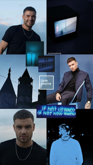 Liam Payne 拼貼畫，帶有霓虹燈招牌和黑暗城市場景。 — 高對比 壁紙