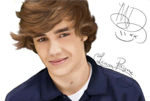 Liam Payne 穿著海軍藍色襯衫微笑，簽名清晰可見。 — 連恩·漢斯沃 壁紙