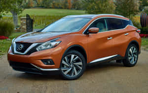 橙色日產Murano SUV停泊在碎石上，靠近秋天的樹木和石籬笆。 — 日產 壁紙