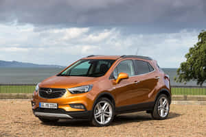 橙色Opel Mokka SUV在多雲日子停泊在海邊圍欄附近。 — 歐寶 壁紙