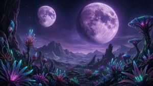 紫色天空中帶有發光植物和兩個月亮的外星世界。