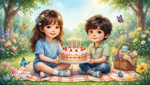 兩個孩子在開滿鮮花的草地上用蛋糕慶祝生日。