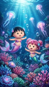 兩個微笑的卡通美人魚與水母和氣泡一起探索充滿活力的珊瑚礁。