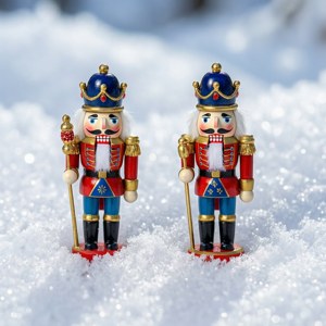 兩個精細的胡桃夾子公仔在冬天站在雪中。
