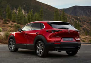 紅色Mazda CX-30 SUV停在靠近山脈和松樹的鋪砌道路上。 — 馬自達 壁紙