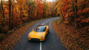 黃色跑車在鋪滿落葉的秋季森林道路上行駛。