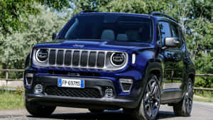 藍色Jeep Renegade SUV停在碎石路上，背景有綠樹。 — 吉普 壁紙