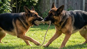 兩隻德國牧羊犬在陽光明媚的後院拉扯繩子。