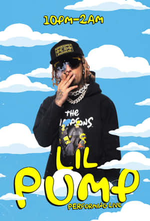 Lil Pump 在卡通天空下抽煙，附有表演時間文字。 — 小米平板 7S Pro 12.5 壁紙