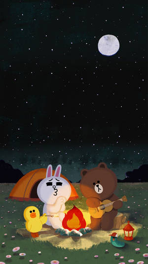 LINE FRIENDS 角色在星空下露營，有營火和滿月。 — Line Friends 壁紙