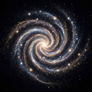 一個充滿活力的螺旋星系，散發著金色和藍色的光芒，周圍環繞著星星。 — Pixel Watch 壁紙