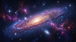 一個帶有粉紅色和藍色星雲的螺旋星系，周圍環繞著恆星和流星。