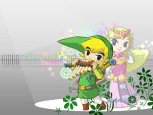 Link 在 Zelda 身旁，在花卉奇幻場景中吹奏陶笛。 — 薩爾達傳說 壁紙