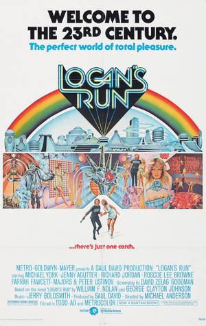 《Logan's Run》電影海報，帶有彩虹和未來城市景觀。 — 復古 壁紙