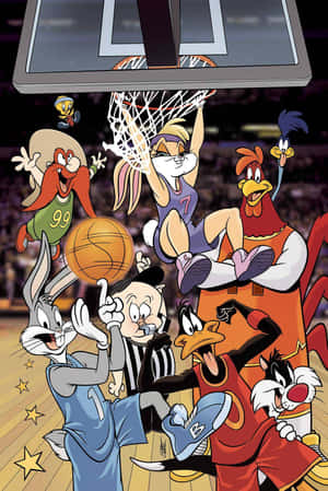 Looney Tunes 角色在擠滿觀眾的競技場中打籃球。 — 怪物奇兵 壁紙