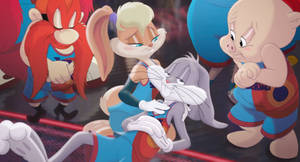 Looney Tunes 角色在拳擊比賽中，賓尼兔倒下，蘿拉兔抱著他。 — 蘿拉兔 壁紙