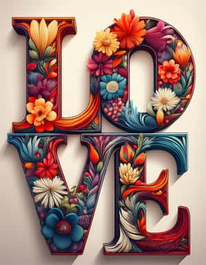 米色背景上，3D字母「LOVE」充滿了色彩繽紛的花朵和樹葉。 — 愛心 壁紙