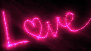 「Love」一詞以發光的粉紅色電光書寫，其中「o」為心形。 — 美學粉色GIF 壁紙