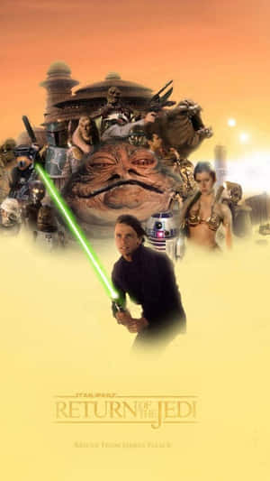 Luke Skywalker 手持綠色光劍，在日落時被星際大戰角色包圍。