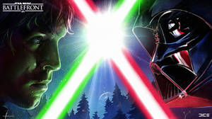 Luke Skywalker 與 Darth Vader 在夜晚的森林中用綠色和紅色的光劍交鋒。 — 電玩遊戲 GIF 壁紙