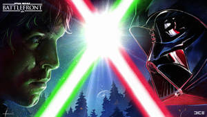 Luke Skywalker 與 Darth Vader 在夜間森林中以綠色和紅色光劍交鋒。 — 天行者崛起 壁紙