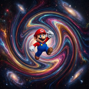 瑪利歐在色彩繽紛的宇宙漩渦中，被星系環繞