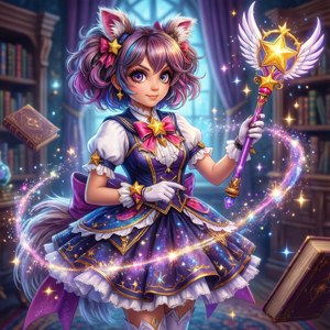 擁有貓耳和星星魔杖的動漫女孩在充滿書籍的圖書館中施展魔法。